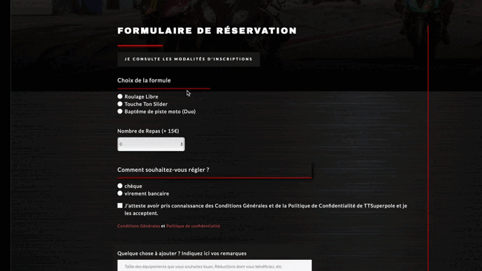Formulaire de réservation sur mesure du site web